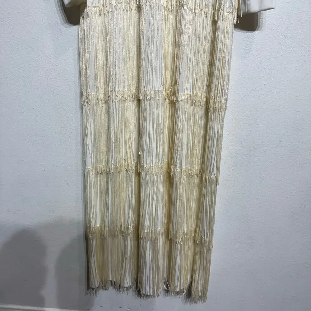 White Vintage Fringe Long Sleeve Maxi Dress Sz M - Picture 4 of 13